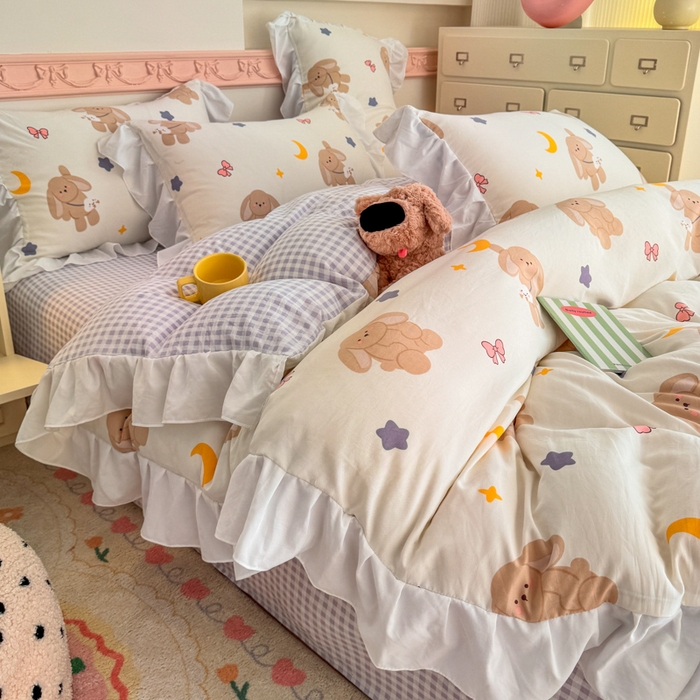 91家纺网 家纺一手货源 找家纺 温眠家纺 2025新款水洗云朵棉韩式INS减龄花边款四件套 晚安兔