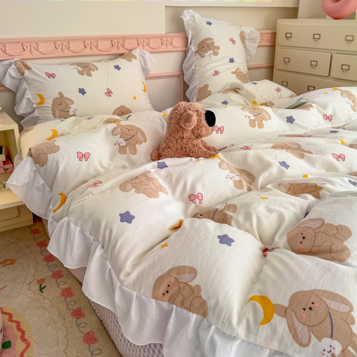 91家纺网 家纺一手货源 找家纺 温眠家纺 2025新款水洗云朵棉韩式INS减龄花边款四件套 晚安兔