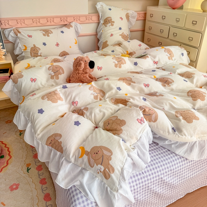 91家纺网 家纺一手货源 找家纺 温眠家纺 2025新款水洗云朵棉韩式INS减龄花边款四件套 晚安兔