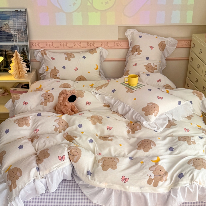 91家纺网 家纺一手货源 找家纺 温眠家纺 2025新款水洗云朵棉韩式INS减龄花边款四件套 晚安兔