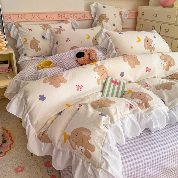 91家纺网 家纺一手货源 找家纺 温眠家纺 2025新款水洗云朵棉韩式INS减龄花边款四件套 晚安兔