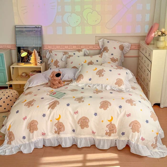 91家纺网 家纺一手货源 找家纺 温眠家纺 2025新款水洗云朵棉韩式INS减龄花边款四件套 晚安兔