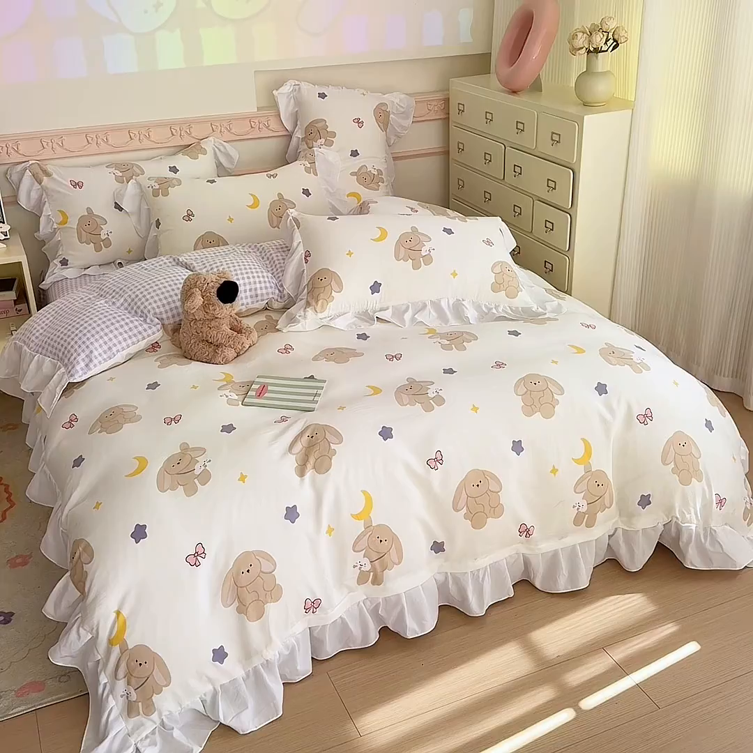 91家纺网 家纺一手货源 找家纺 温眠家纺 2025新款水洗云朵棉韩式INS减龄花边款四件套 晚安兔