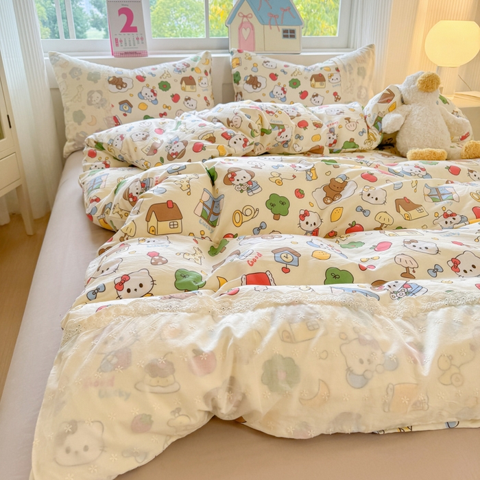 91家纺网 家纺一手货源 找家纺 （总）温眠家纺 2025新款ins风小清新镂空花边水洗云朵棉四件套-风格一