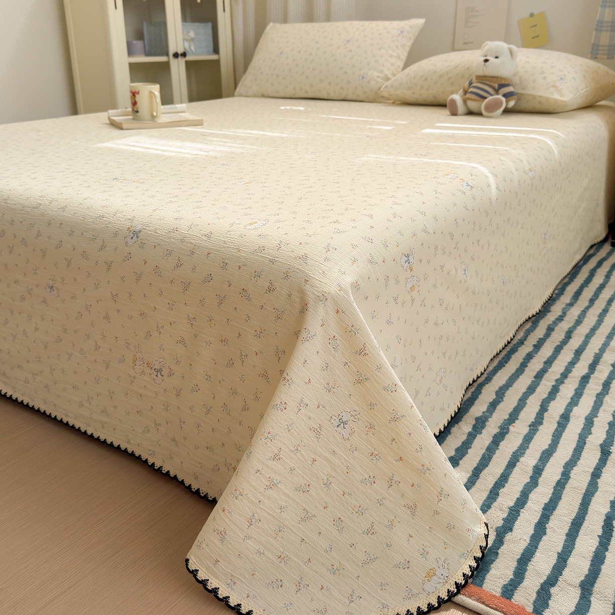 91家纺网 家纺一手货源 找家纺 （总）沐芷 2026 【提供买家秀】双层纱A类黑色小花边单床单/床单三件套 被单