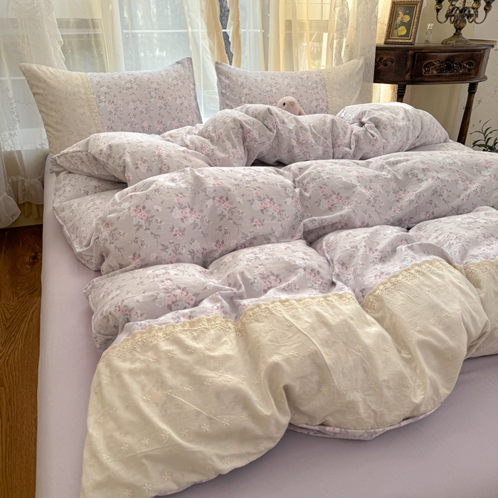 温眠家纺 2025新款ins风小清新镂空花边水洗云朵棉四件套-风格一 白茶