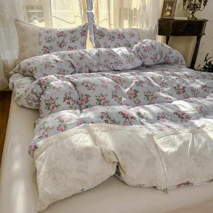 温眠家纺 2025新款ins风小清新镂空花边水洗云朵棉四件套-风格一 春之语