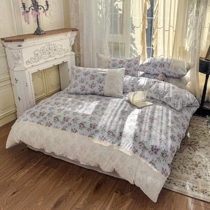 91家纺网 家纺一手货源 找家纺 温眠家纺 2025新款ins风小清新镂空花边水洗云朵棉四件套-风格一 春之语