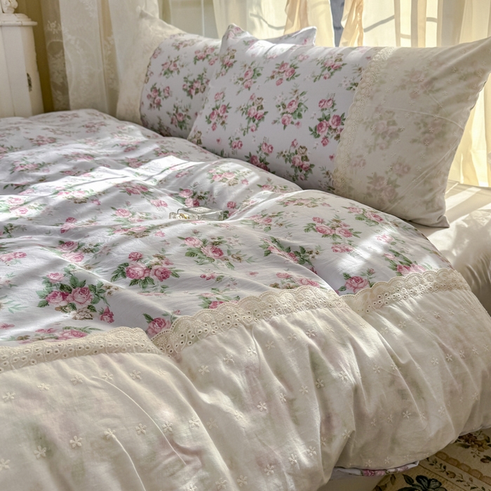 91家纺网 家纺一手货源 找家纺 温眠家纺 2025新款ins风小清新镂空花边水洗云朵棉四件套-风格一 春之语