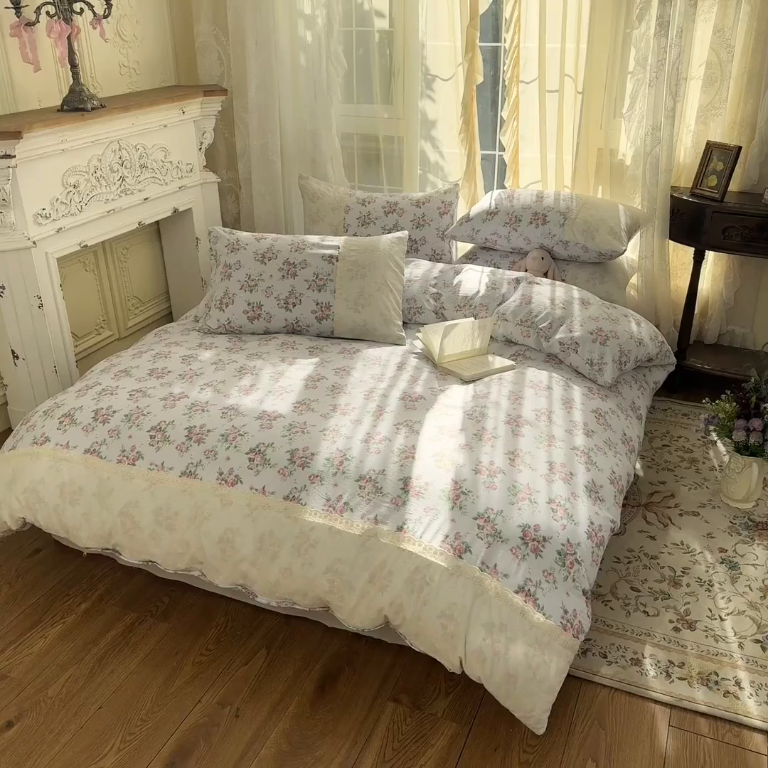 91家纺网 家纺一手货源 找家纺 温眠家纺 2025新款ins风小清新镂空花边水洗云朵棉四件套-风格一 春之语