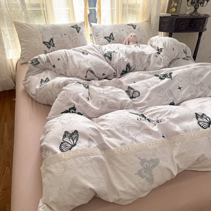 温眠家纺 2025新款ins风小清新镂空花边水洗云朵棉四件套-风格一 蝶恋花