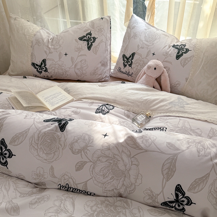 91家纺网 家纺一手货源 找家纺 温眠家纺 2025新款ins风小清新镂空花边水洗云朵棉四件套-风格一 蝶恋花