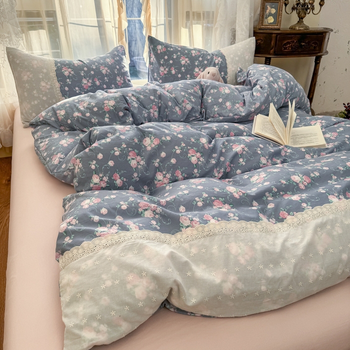 温眠家纺 2025新款ins风小清新镂空花边水洗云朵棉四件套-风格一 花田错