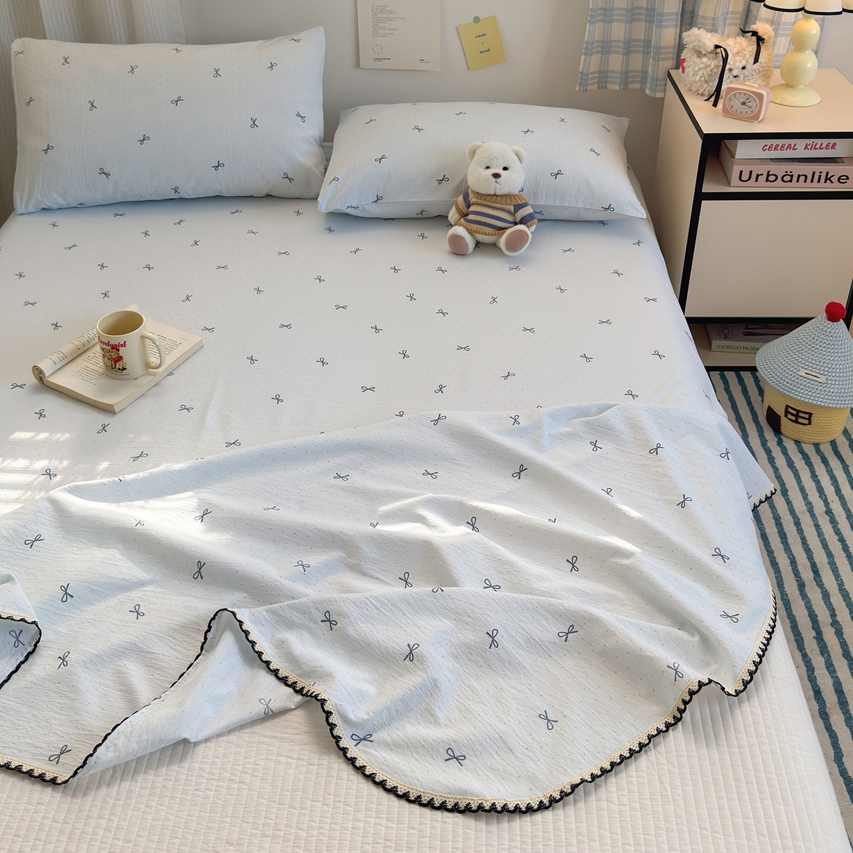 91家纺网 家纺一手货源 找家纺 沐芷 2026 【提供买家秀】双层纱A类黑色小花边单床单/床单三件套 被单 波点蓝结