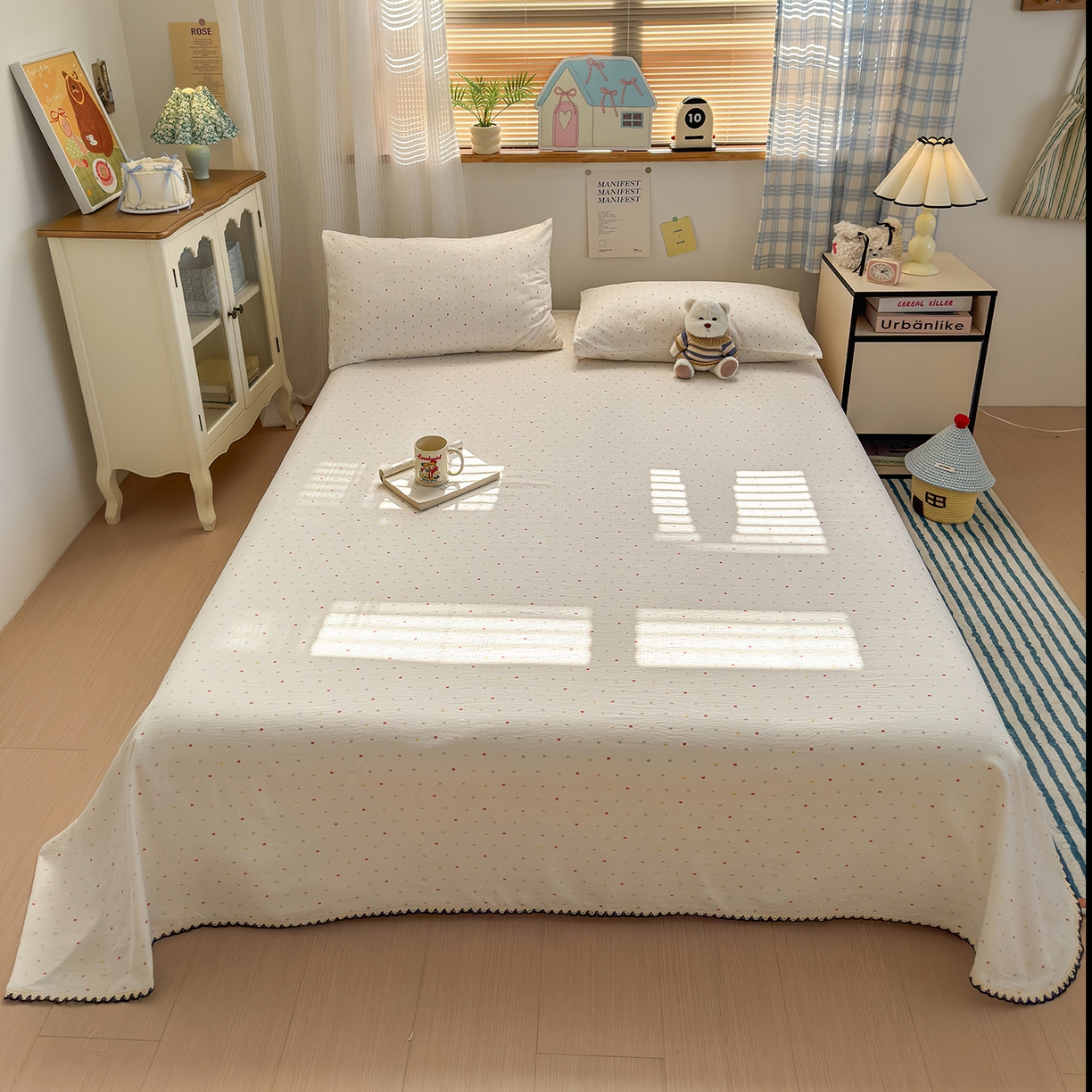 91家纺网 家纺一手货源 找家纺 沐芷 2026 【提供买家秀】双层纱A类黑色小花边单床单/床单三件套 被单 爱心点点