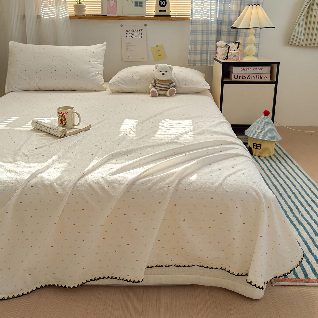 91家纺网 家纺一手货源 找家纺 沐芷 2026 【提供买家秀】双层纱A类黑色小花边单床单/床单三件套 被单 爱心点点