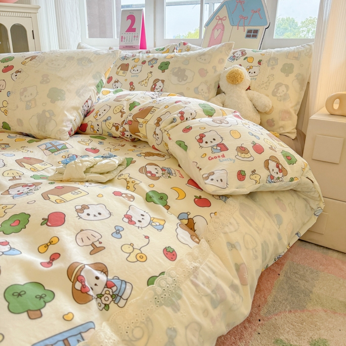 91家纺网 家纺一手货源 找家纺 温眠家纺 2025新款ins风小清新镂空花边水洗云朵棉四件套-风格一 凯蒂屋