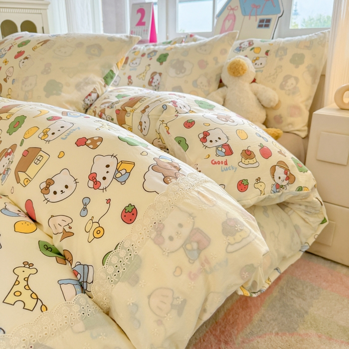 91家纺网 家纺一手货源 找家纺 温眠家纺 2025新款ins风小清新镂空花边水洗云朵棉四件套-风格一 凯蒂屋