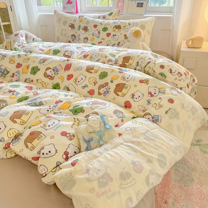 91家纺网 家纺一手货源 找家纺 温眠家纺 2025新款ins风小清新镂空花边水洗云朵棉四件套-风格一 凯蒂屋