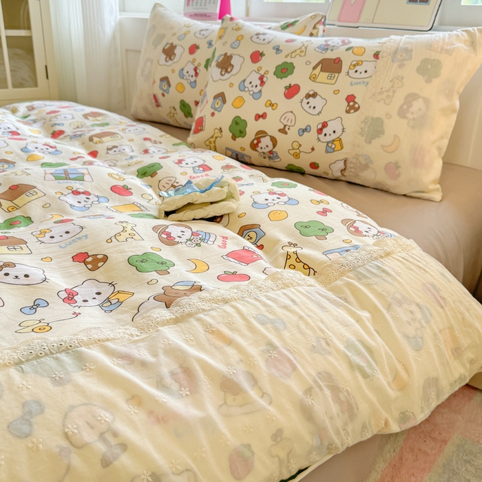 91家纺网 家纺一手货源 找家纺 温眠家纺 2025新款ins风小清新镂空花边水洗云朵棉四件套-风格一 凯蒂屋