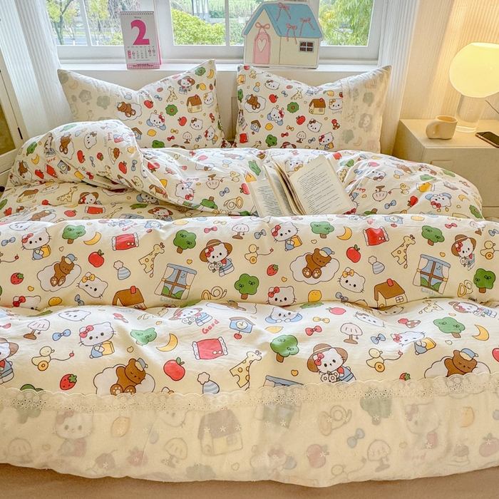 91家纺网 家纺一手货源 找家纺 温眠家纺 2025新款ins风小清新镂空花边水洗云朵棉四件套-风格一 凯蒂屋