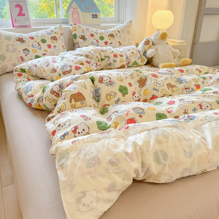 91家纺网 家纺一手货源 找家纺 温眠家纺 2025新款ins风小清新镂空花边水洗云朵棉四件套-风格一 凯蒂屋