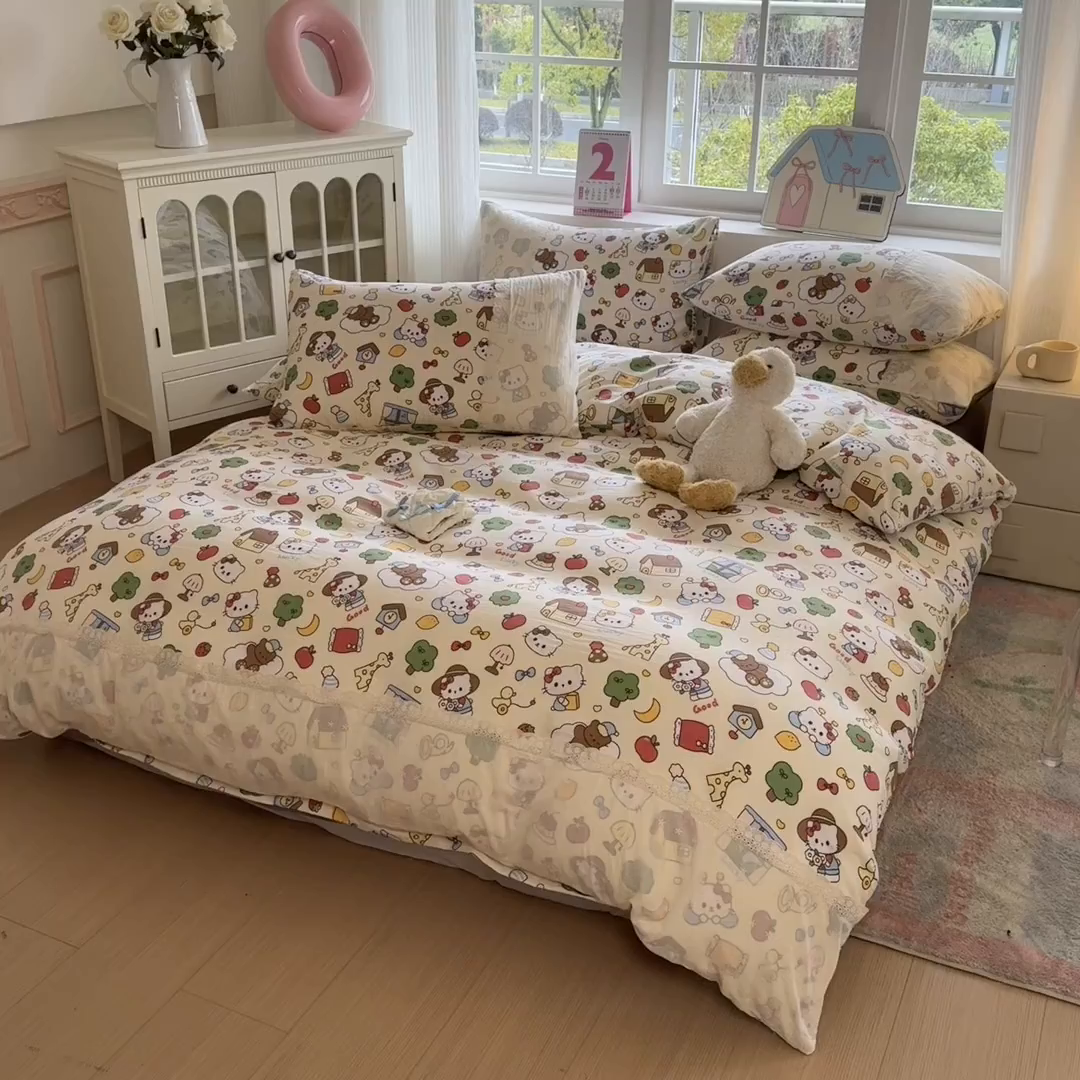 91家纺网 家纺一手货源 找家纺 温眠家纺 2025新款ins风小清新镂空花边水洗云朵棉四件套-风格一 凯蒂屋