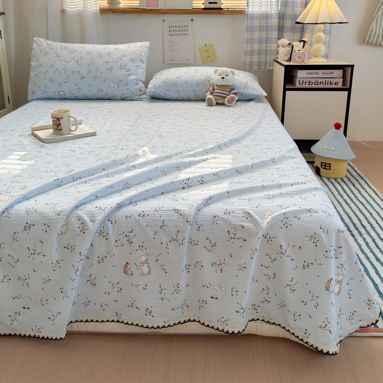 91家纺网 家纺一手货源 找家纺 沐芷 2026 【提供买家秀】双层纱A类黑色小花边单床单/床单三件套 被单 丛林兔