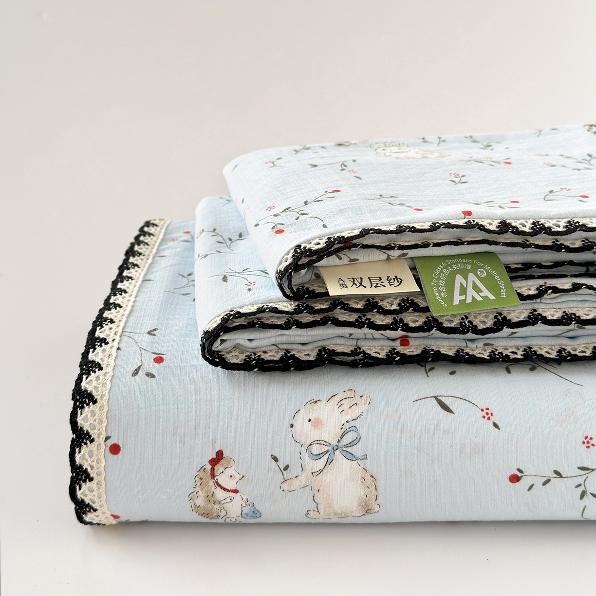 91家纺网 家纺一手货源 找家纺 沐芷 2026 【提供买家秀】双层纱A类黑色小花边单床单/床单三件套 被单 丛林兔