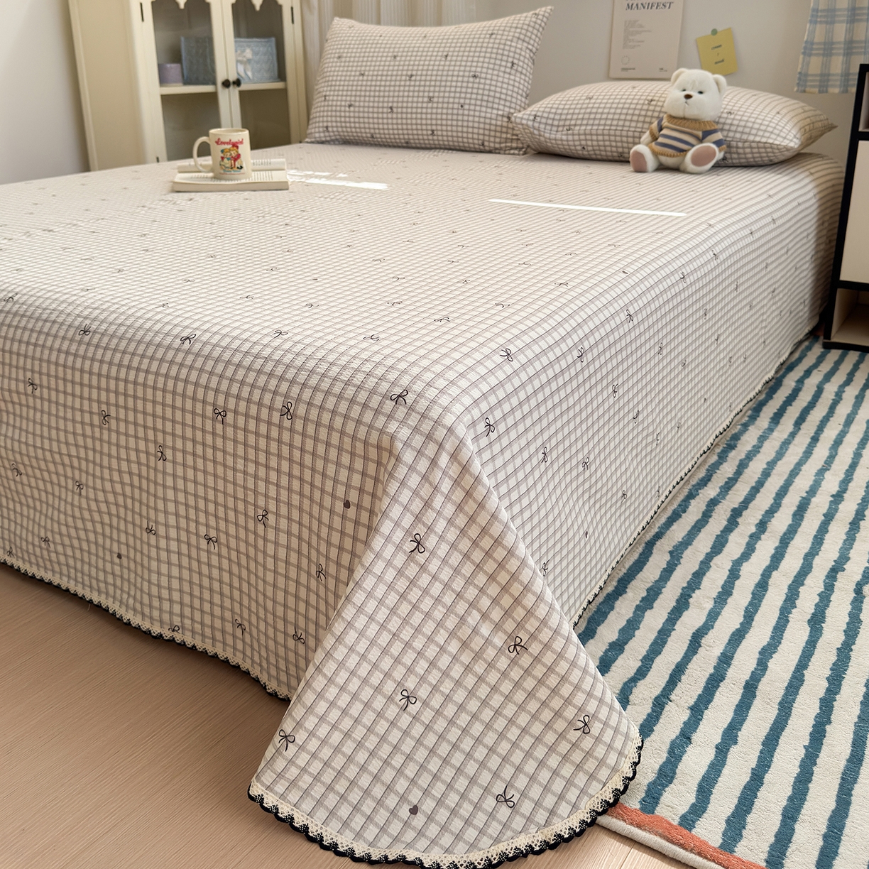 91家纺网 家纺一手货源 找家纺 沐芷 2026 【提供买家秀】双层纱A类黑色小花边单床单/床单三件套 被单 格纹蝶结