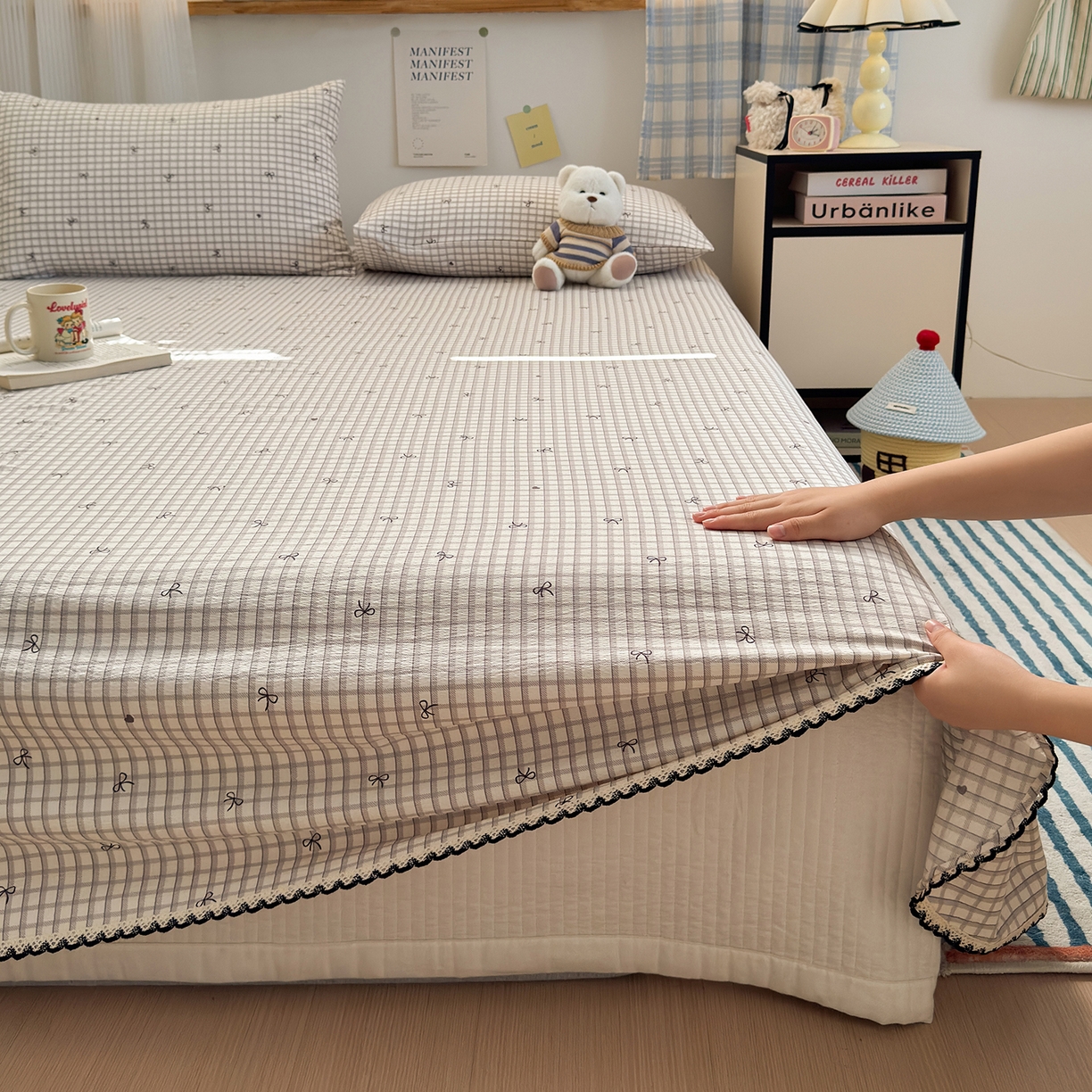 91家纺网 家纺一手货源 找家纺 沐芷 2026 【提供买家秀】双层纱A类黑色小花边单床单/床单三件套 被单 格纹蝶结