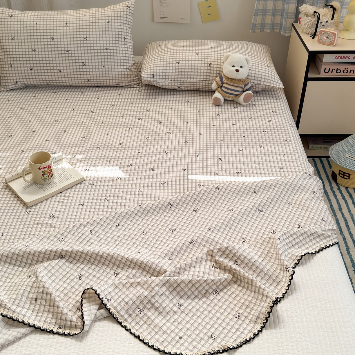 91家纺网 家纺一手货源 找家纺 沐芷 2026 【提供买家秀】双层纱A类黑色小花边单床单/床单三件套 被单 格纹蝶结