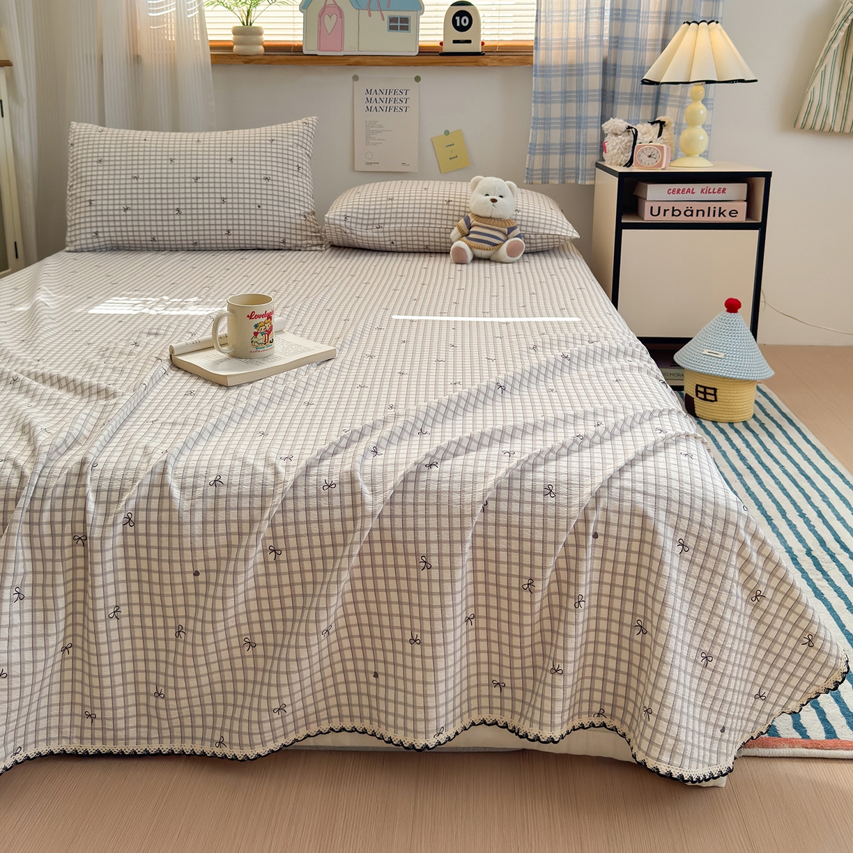 91家纺网 家纺一手货源 找家纺 沐芷 2026 【提供买家秀】双层纱A类黑色小花边单床单/床单三件套 被单 格纹蝶结