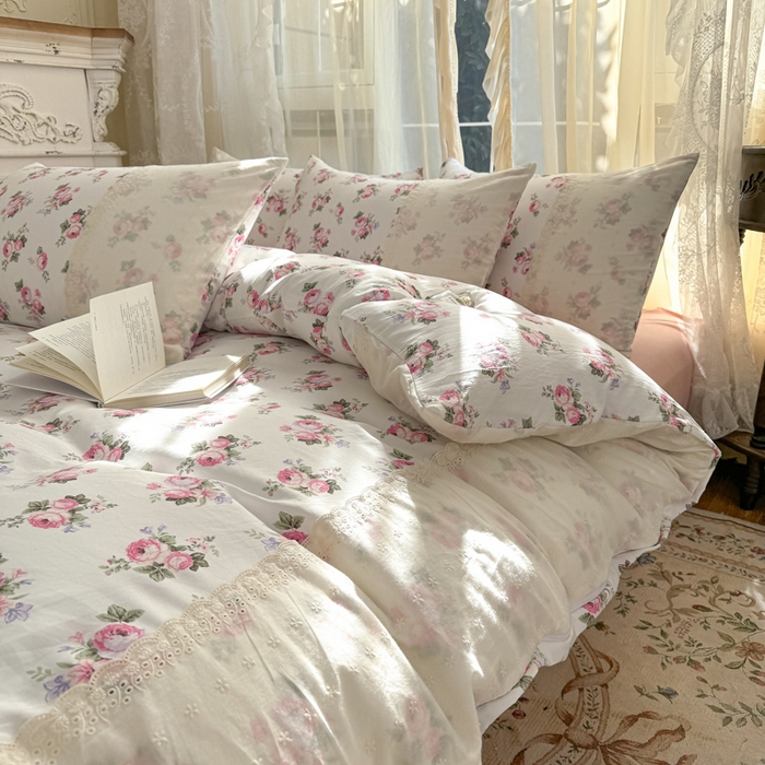 91家纺网 家纺一手货源 找家纺 温眠家纺 2025新款ins风小清新镂空花边水洗云朵棉四件套-风格一 丽莎