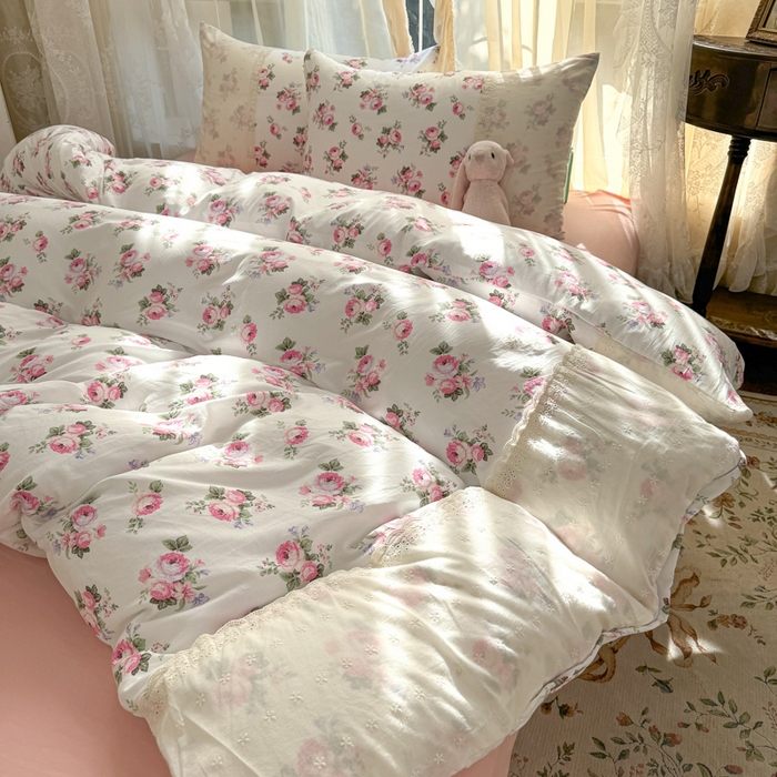 91家纺网 家纺一手货源 找家纺 温眠家纺 2025新款ins风小清新镂空花边水洗云朵棉四件套-风格一 丽莎