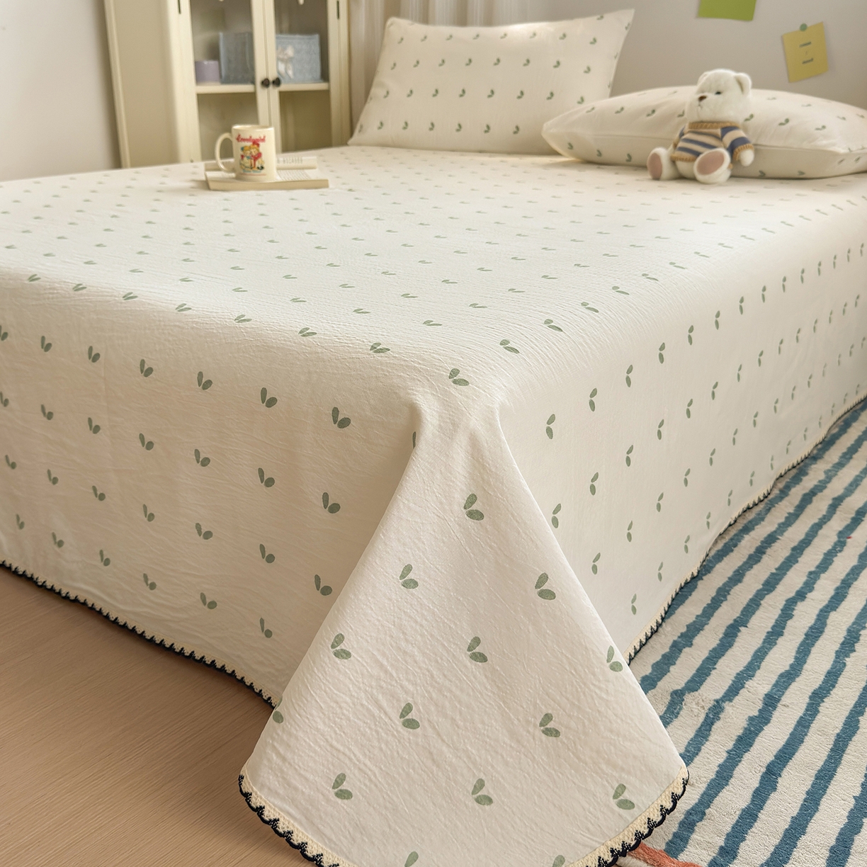 91家纺网 家纺一手货源 找家纺 沐芷 2026 【提供买家秀】双层纱A类黑色小花边单床单/床单三件套 被单 绿芽