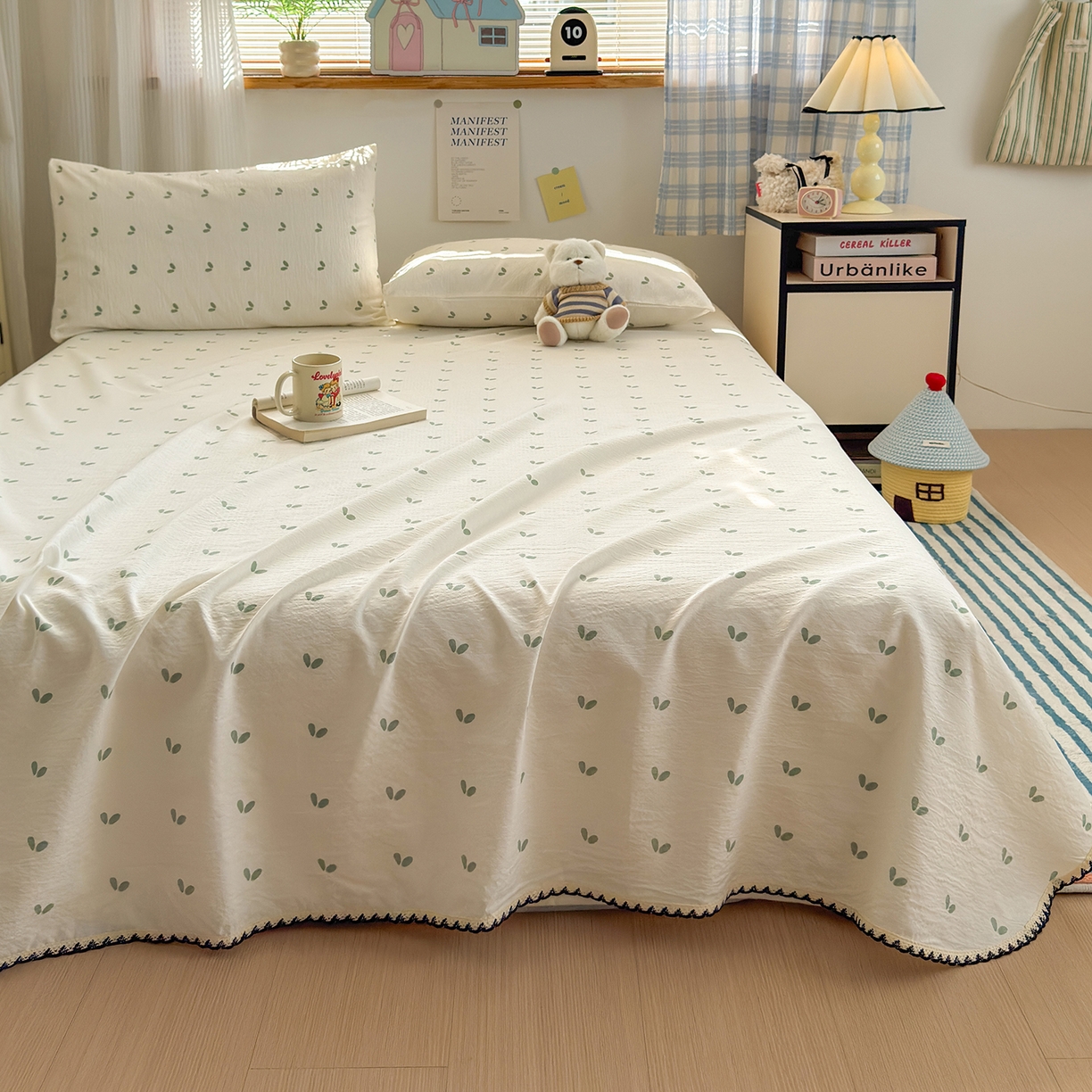 91家纺网 家纺一手货源 找家纺 沐芷 2026 【提供买家秀】双层纱A类黑色小花边单床单/床单三件套 被单 绿芽