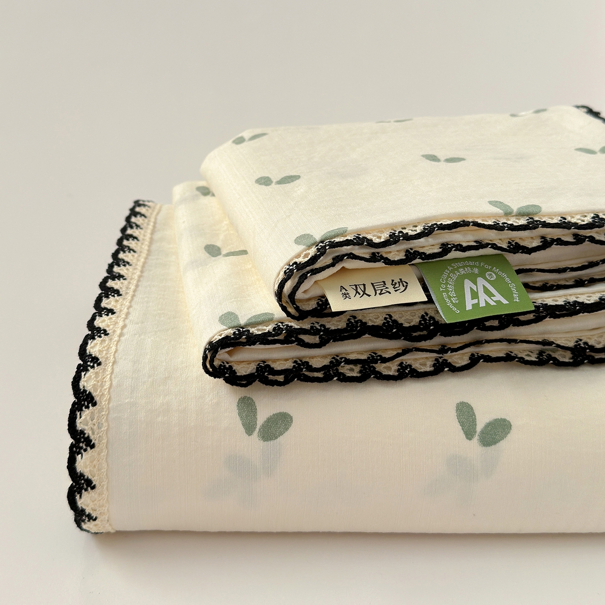 91家纺网 家纺一手货源 找家纺 沐芷 2026 【提供买家秀】双层纱A类黑色小花边单床单/床单三件套 被单 绿芽