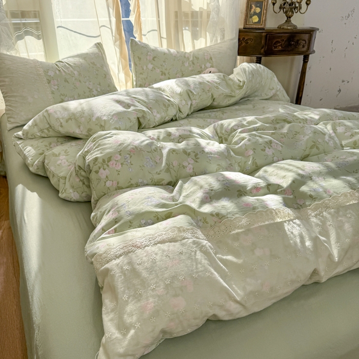温眠家纺 2025新款ins风小清新镂空花边水洗云朵棉四件套-风格一 绿野仙踪