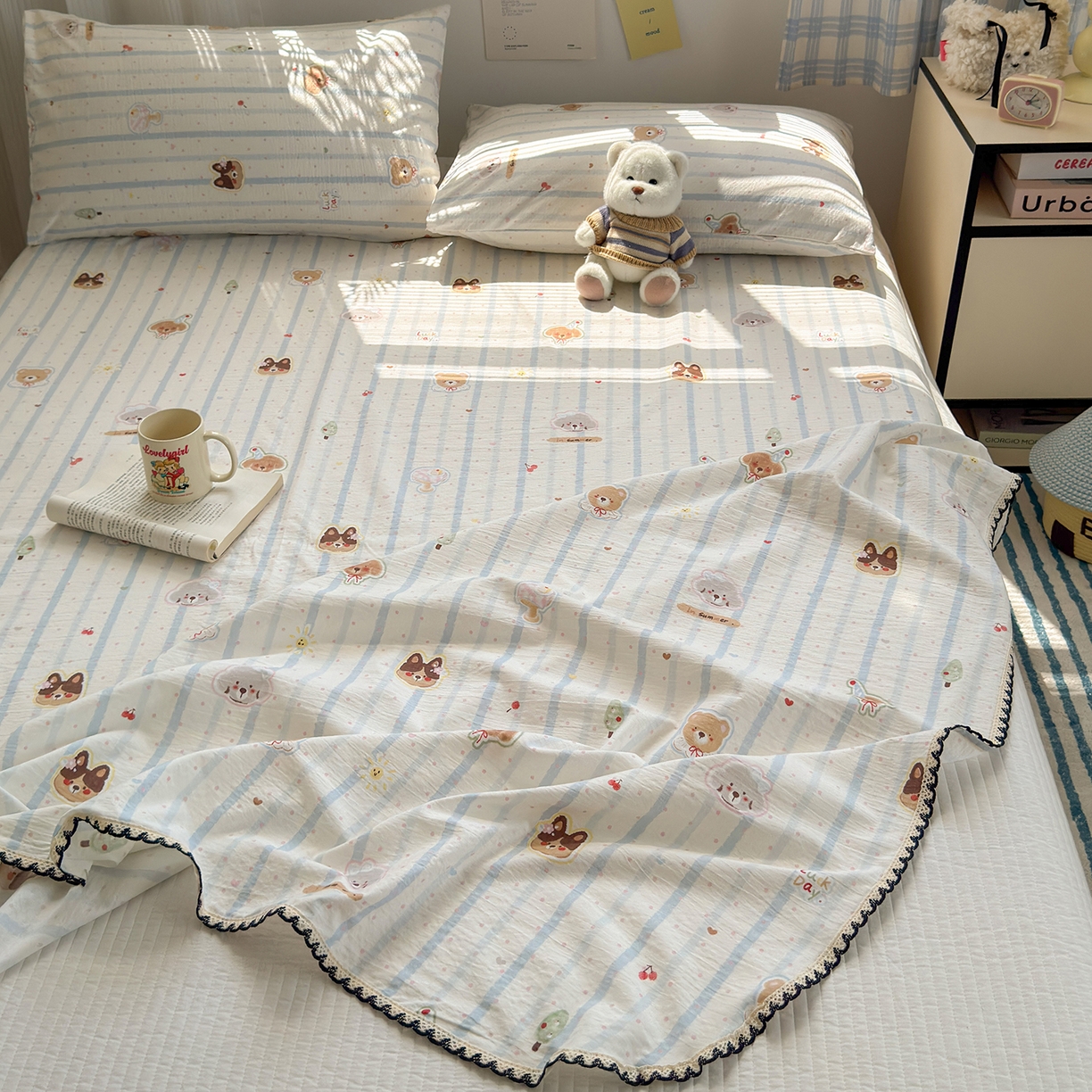 91家纺网 家纺一手货源 找家纺 沐芷 2026 【提供买家秀】双层纱A类黑色小花边单床单/床单三件套 被单 条纹乐园