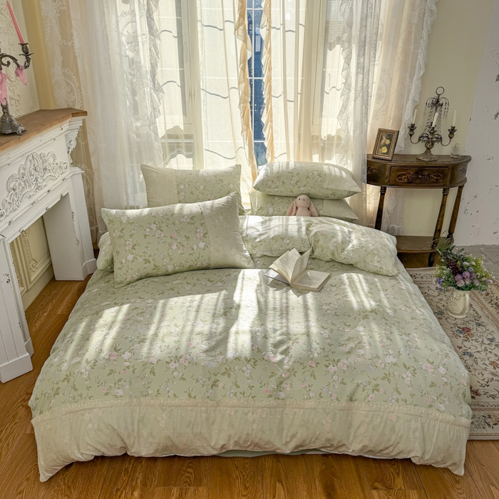 91家纺网 家纺一手货源 找家纺 温眠家纺 2025新款ins风小清新镂空花边水洗云朵棉四件套-风格一 绿野仙踪