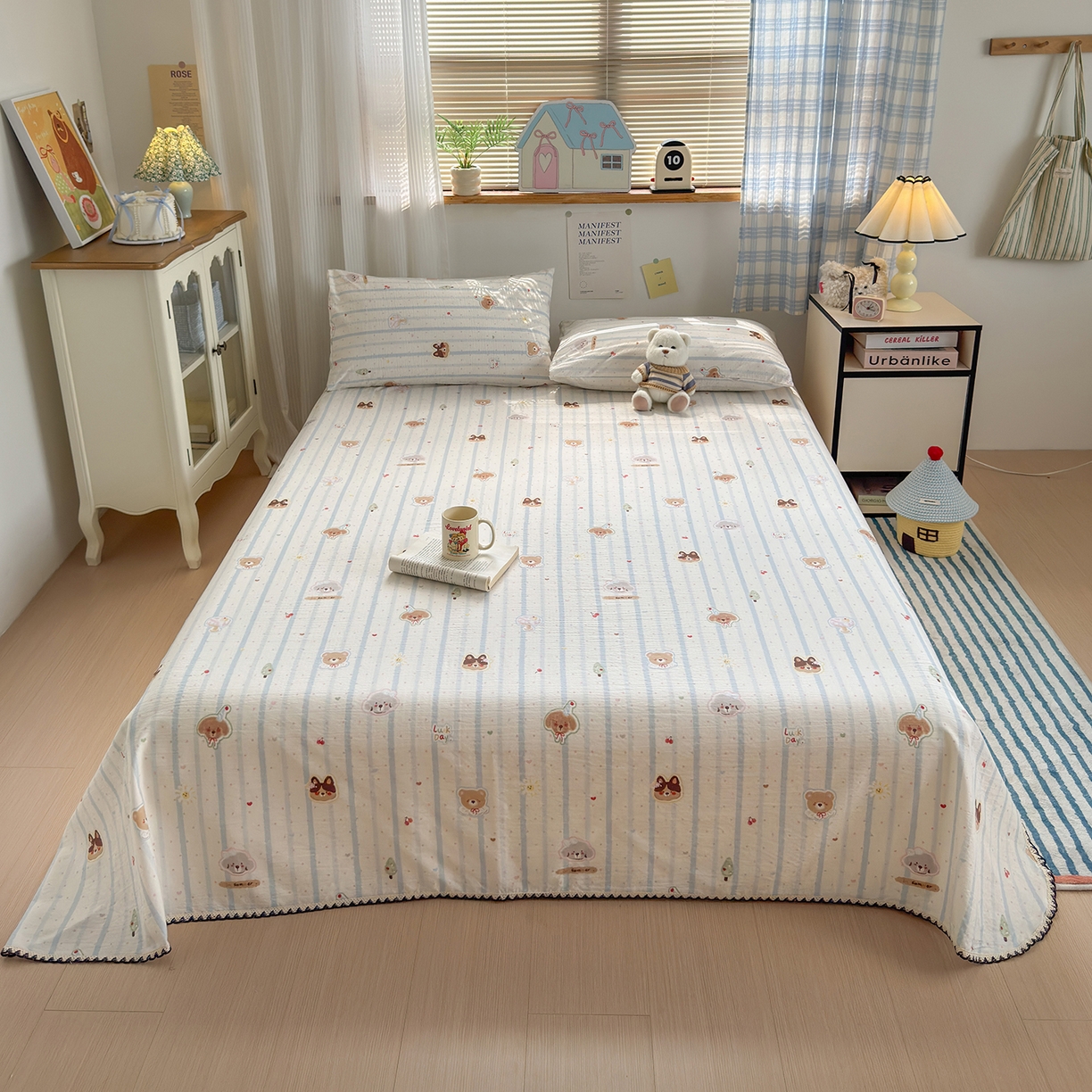 91家纺网 家纺一手货源 找家纺 沐芷 2026 【提供买家秀】双层纱A类黑色小花边单床单/床单三件套 被单 条纹乐园