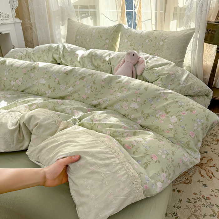 91家纺网 家纺一手货源 找家纺 温眠家纺 2025新款ins风小清新镂空花边水洗云朵棉四件套-风格一 绿野仙踪