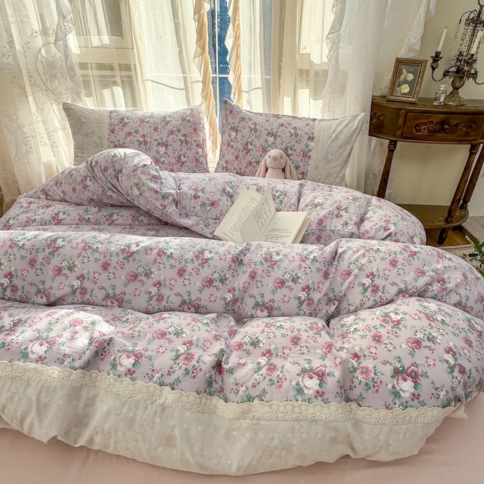 91家纺网 家纺一手货源 找家纺 温眠家纺 2025新款ins风小清新镂空花边水洗云朵棉四件套-风格一 美玲说