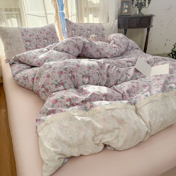 91家纺网 家纺一手货源 找家纺 温眠家纺 2025新款ins风小清新镂空花边水洗云朵棉四件套-风格一 美玲说