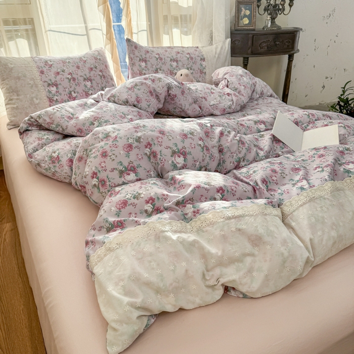 91家纺网 家纺一手货源 找家纺 温眠家纺 2025新款ins风小清新镂空花边水洗云朵棉四件套-风格一 美玲说