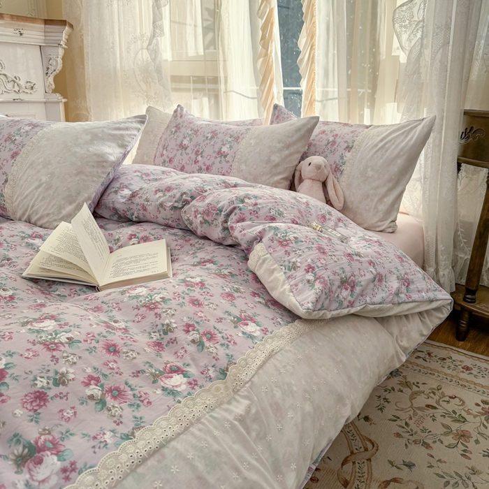 91家纺网 家纺一手货源 找家纺 温眠家纺 2025新款ins风小清新镂空花边水洗云朵棉四件套-风格一 美玲说