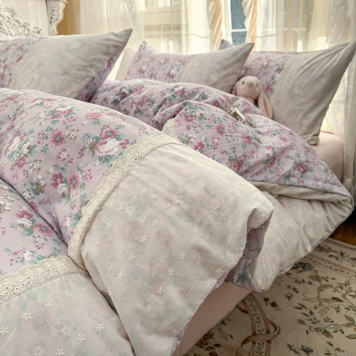 91家纺网 家纺一手货源 找家纺 温眠家纺 2025新款ins风小清新镂空花边水洗云朵棉四件套-风格一 美玲说