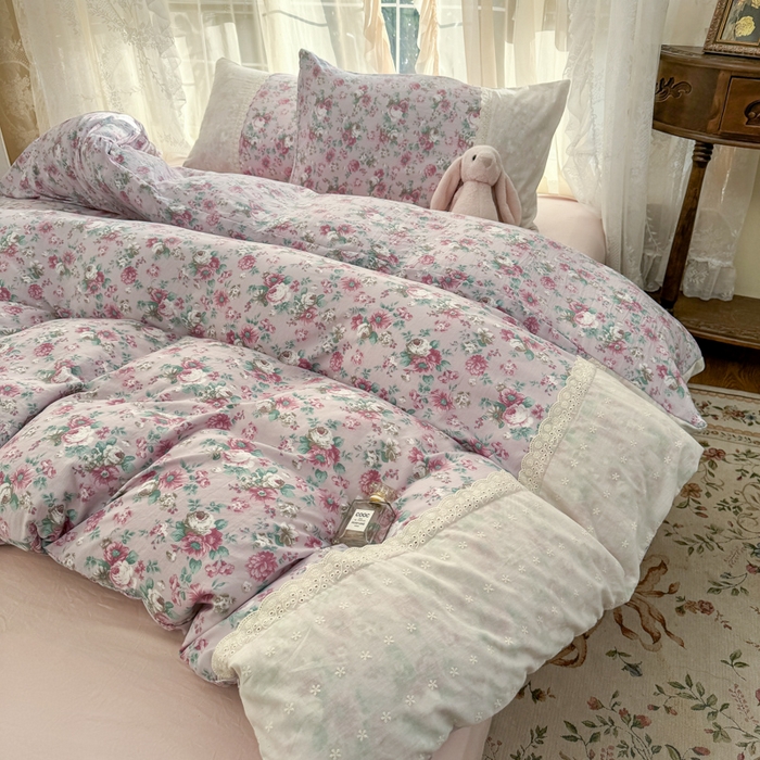 91家纺网 家纺一手货源 找家纺 温眠家纺 2025新款ins风小清新镂空花边水洗云朵棉四件套-风格一 美玲说