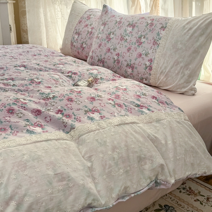 91家纺网 家纺一手货源 找家纺 温眠家纺 2025新款ins风小清新镂空花边水洗云朵棉四件套-风格一 美玲说